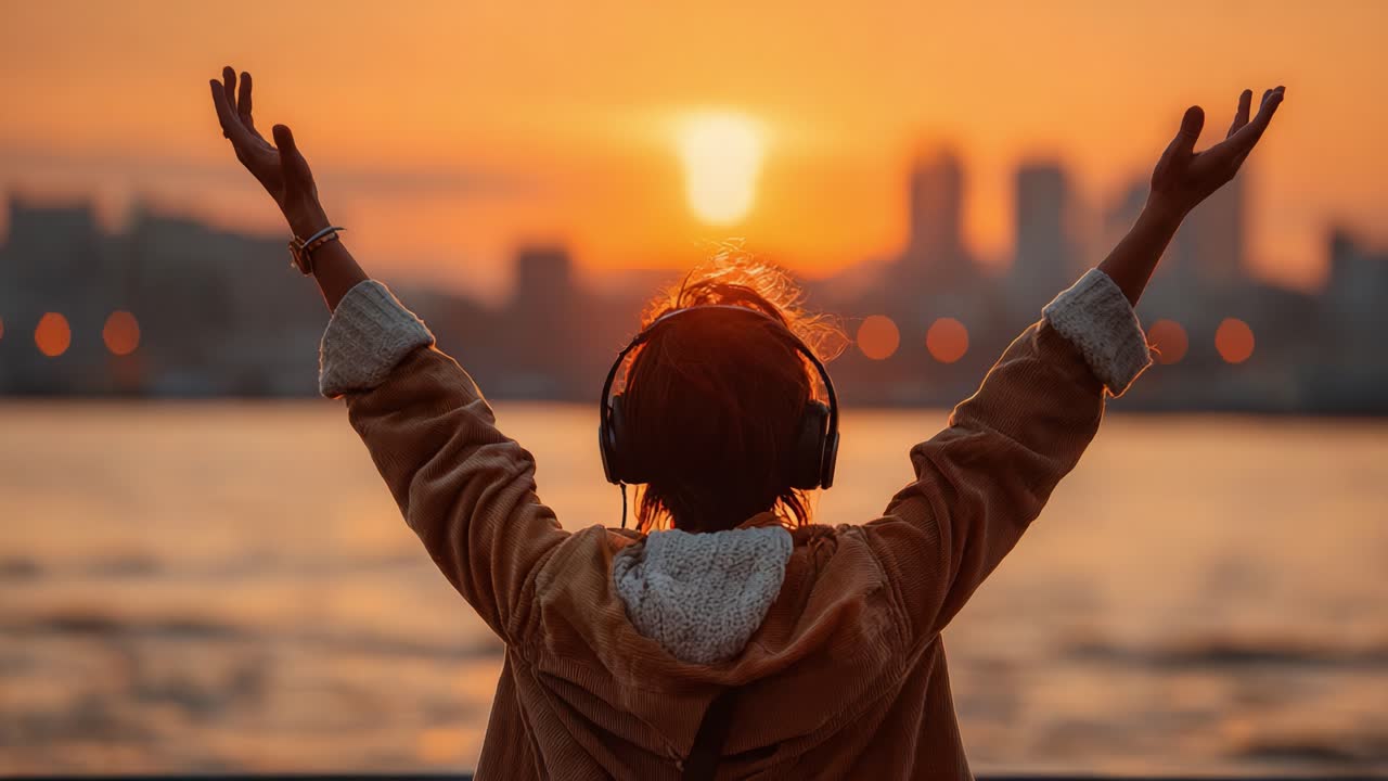 A moment of joy and freedom as the sun sets over the city skyline, capturing the essence of life where music meets the tranquility of nature