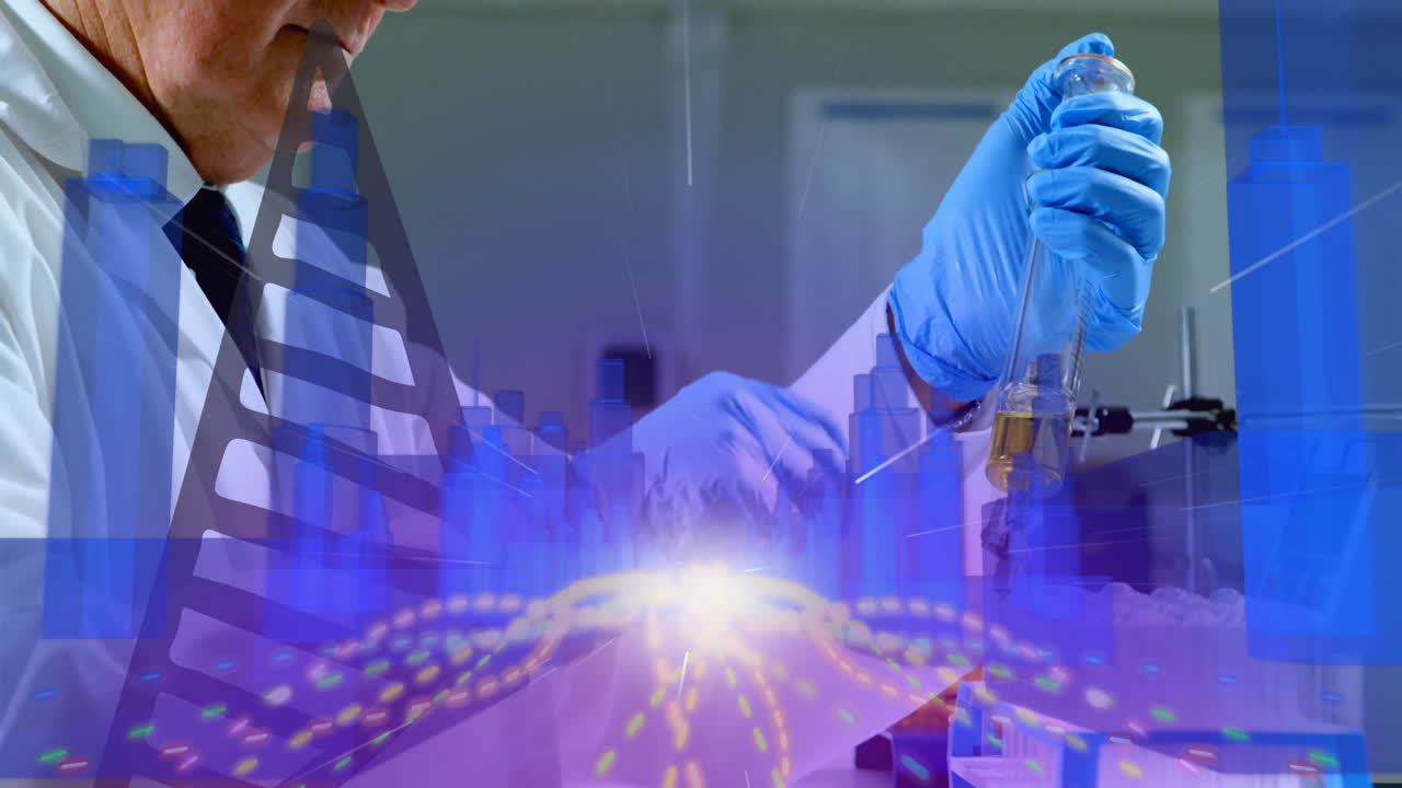 Conducting experiment, scientist analyzing digital data with animation overlay in lab