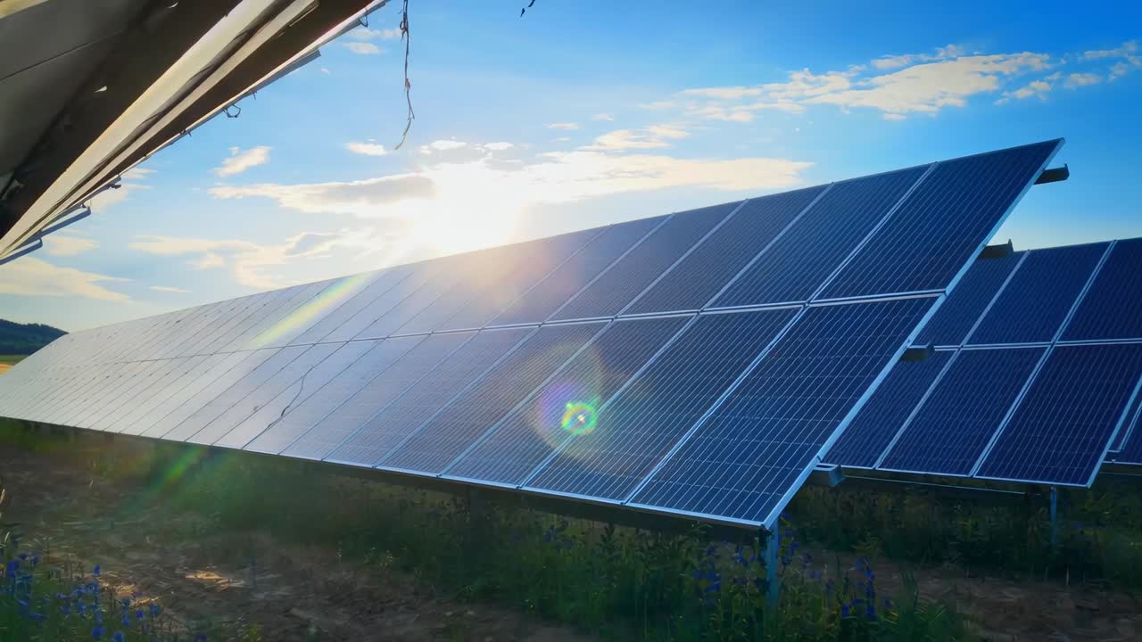 Video dal basso di pannelli solari in un campo, che cattura la luce solare e il concetto di energia rinnovabile
