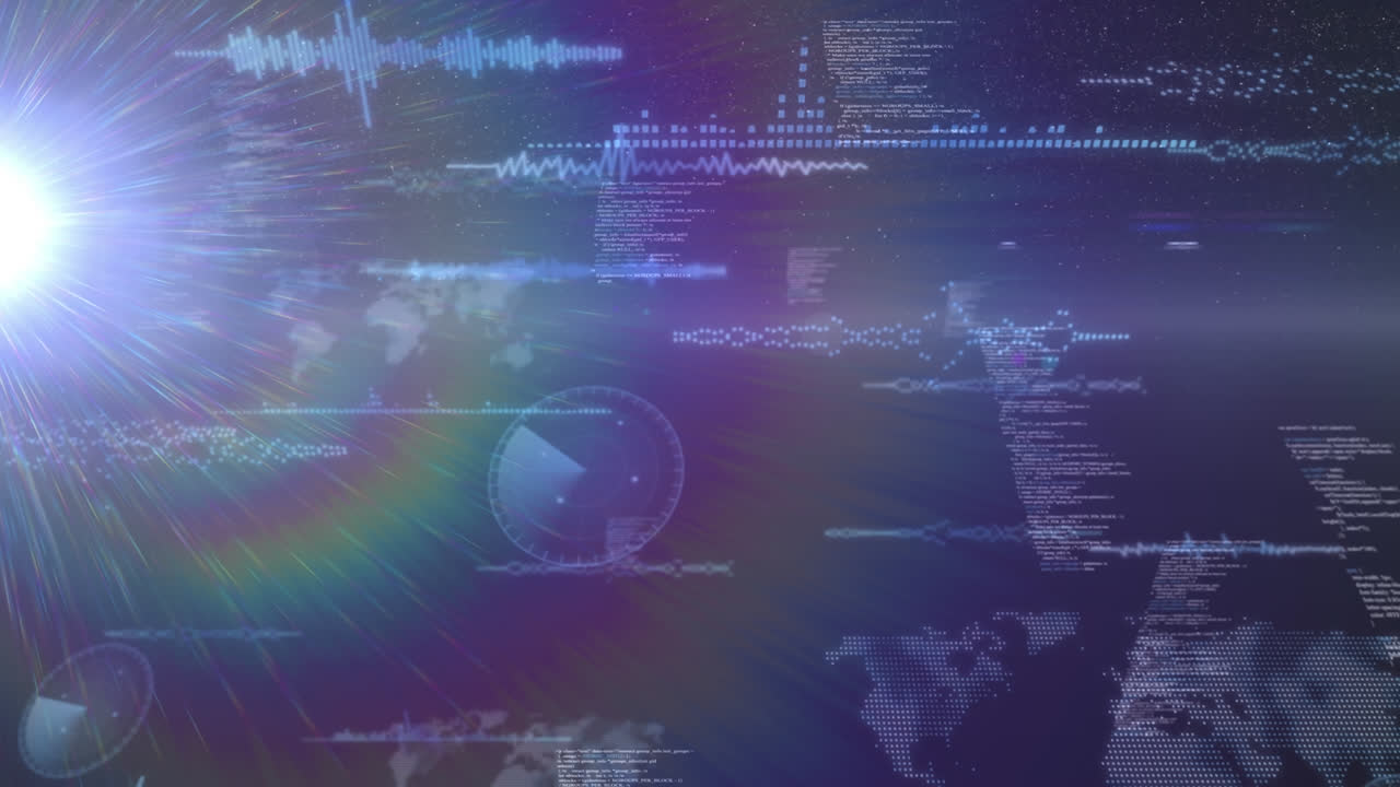 animación del procesamiento de datos y el mapa del mundo sobre fondo negro