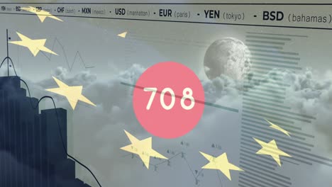 animation of data processing over clouds and flag of eu