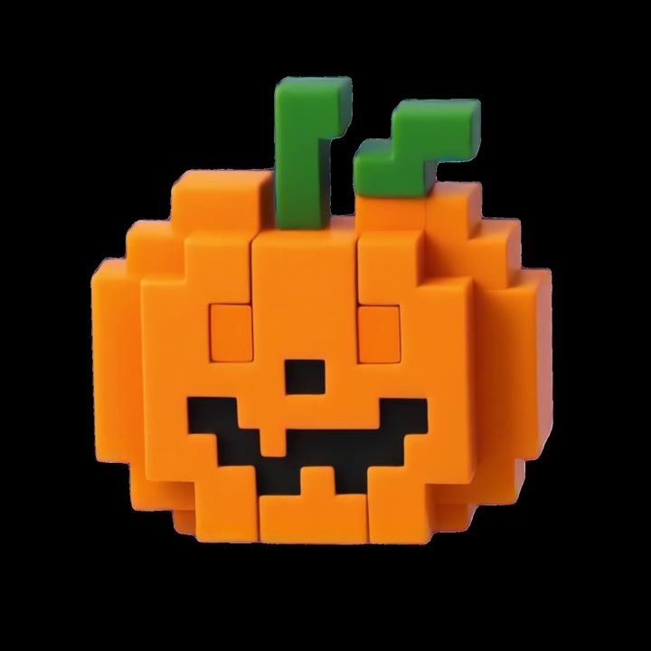 Jack-o'-lantern in pixel art rotante su sfondo nero