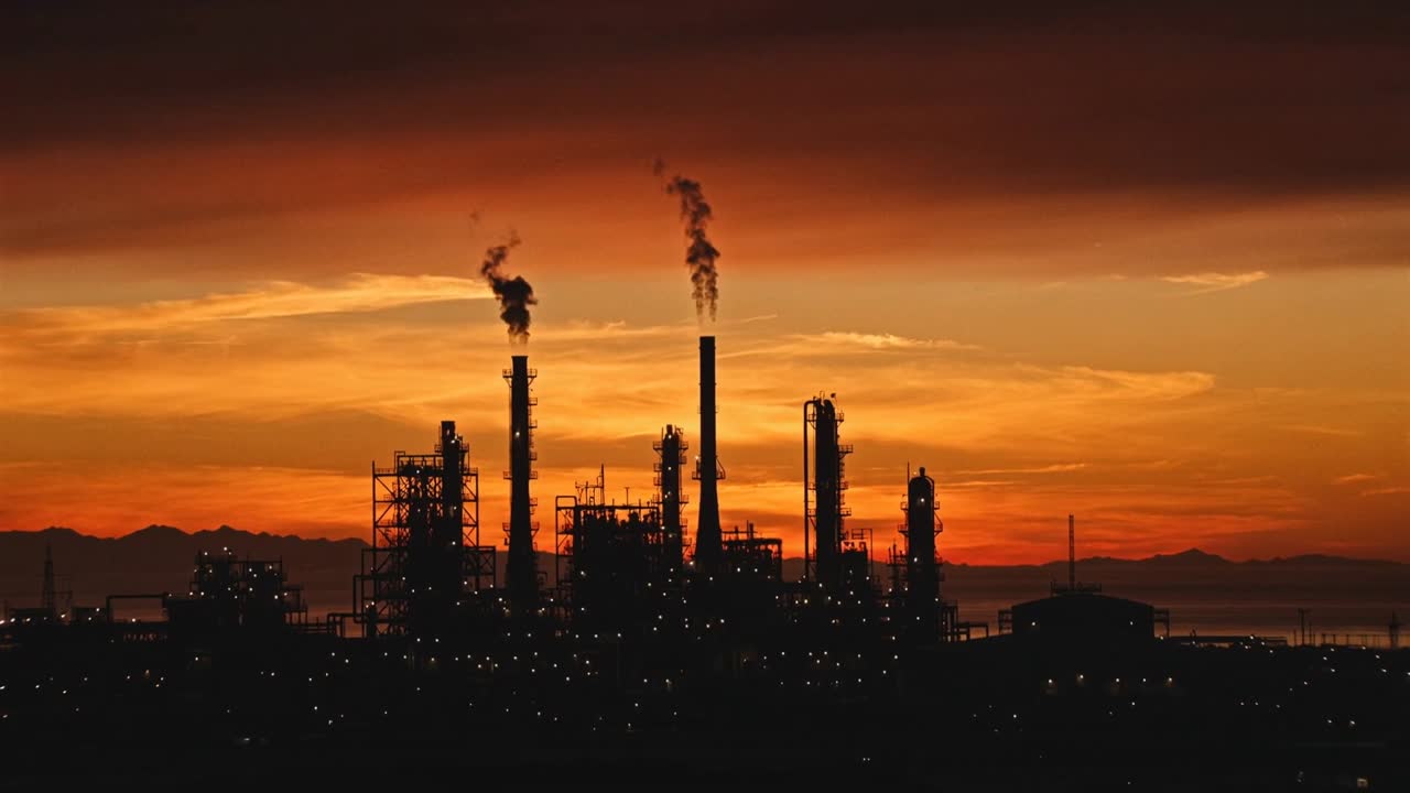 Sunset deepening, coastal plant emitting smoke from two stacks and staying lit during operations