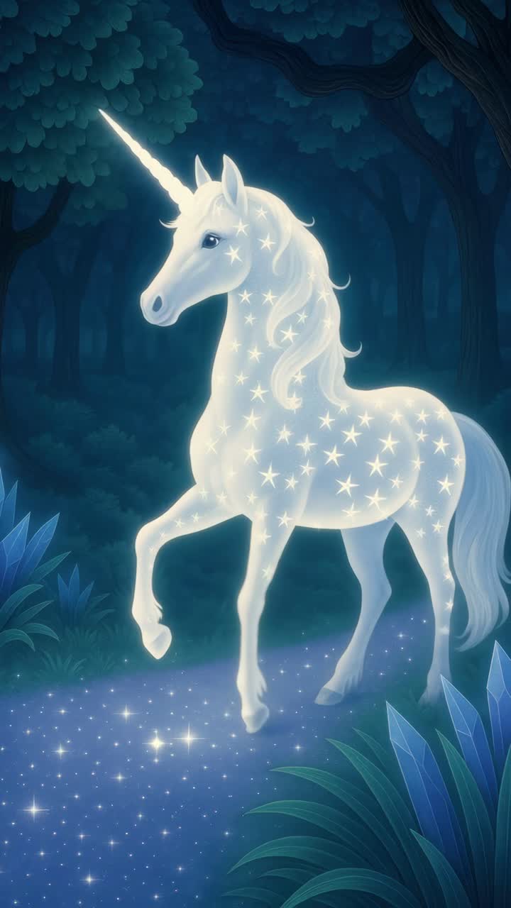 Un unicornio mágico en un bosque iluminado por la luna, capturado desde un ángulo bajo