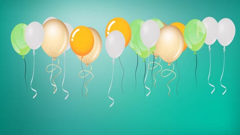 Animation-of-colourful-balloons-bouncing-on-green-background