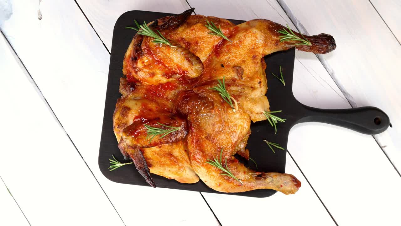 향신료, 소스, 질과 함께 은 고기 전체를 회전하는 회전판에 절단 보드에.