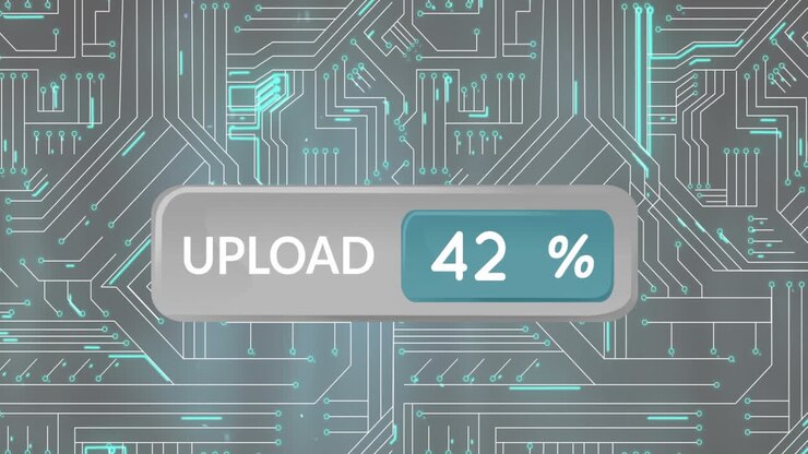 Animation of upload and changing numbers in bar over circuit board pattern on gray background