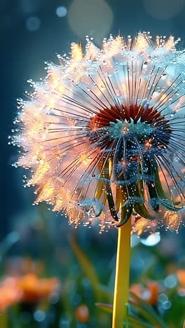 dew glistens on dandelions. morning sunlight illuminates a dandelion covered in dewdrops, surrounded by colorful flowers in a lush green field.