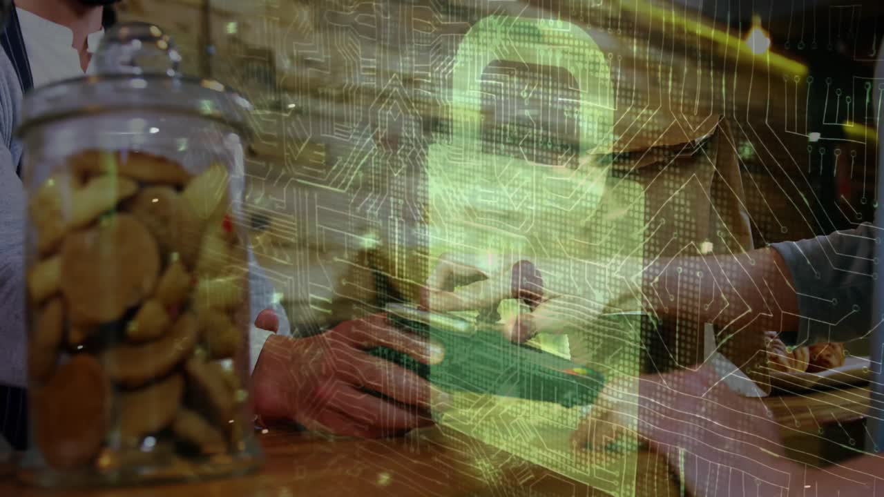 animación del candado de seguridad de la red sobre las personas que utilizan el terminal de pago