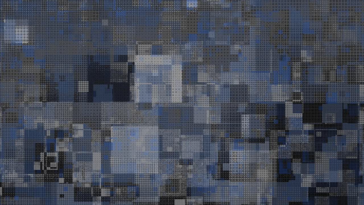 Glitch astratto digitale in loop, sfondo blu pixelato, effetto rumore tech