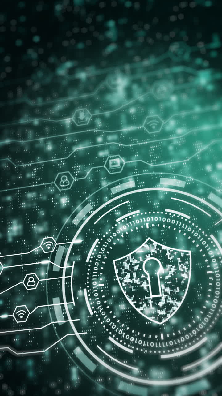 Cyber security shield neon icon. Digital protection of network data and users. Green background with flashing dots and lines. Vertical video.