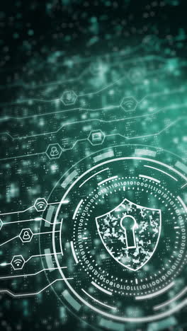 cyber security shield neon icon. digital protection of network data and users. green background with flashing dots and lines. vertical video.