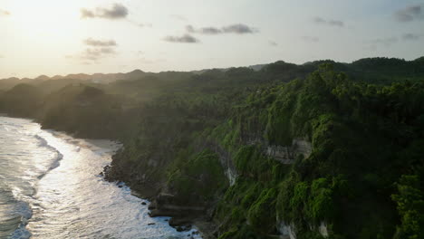 Una-Exuberante-Y-Escarpada-Selva-Verde-Se-Arrastra-Hasta-El-Borde-Del-Agua-En-Banyu-Tibo,-Indonesia