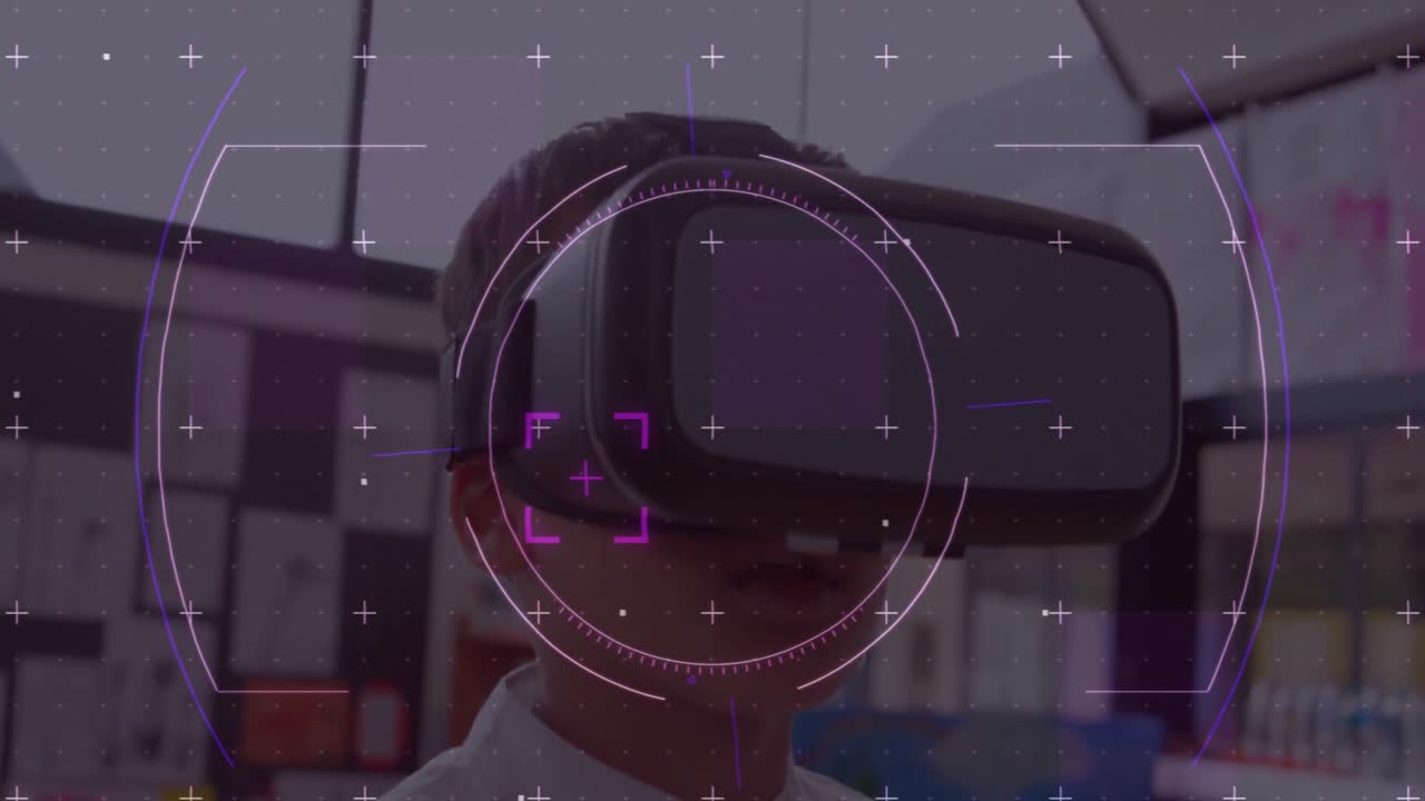 Scope scanning over grid network against caucasian boy wearing vr headset at school