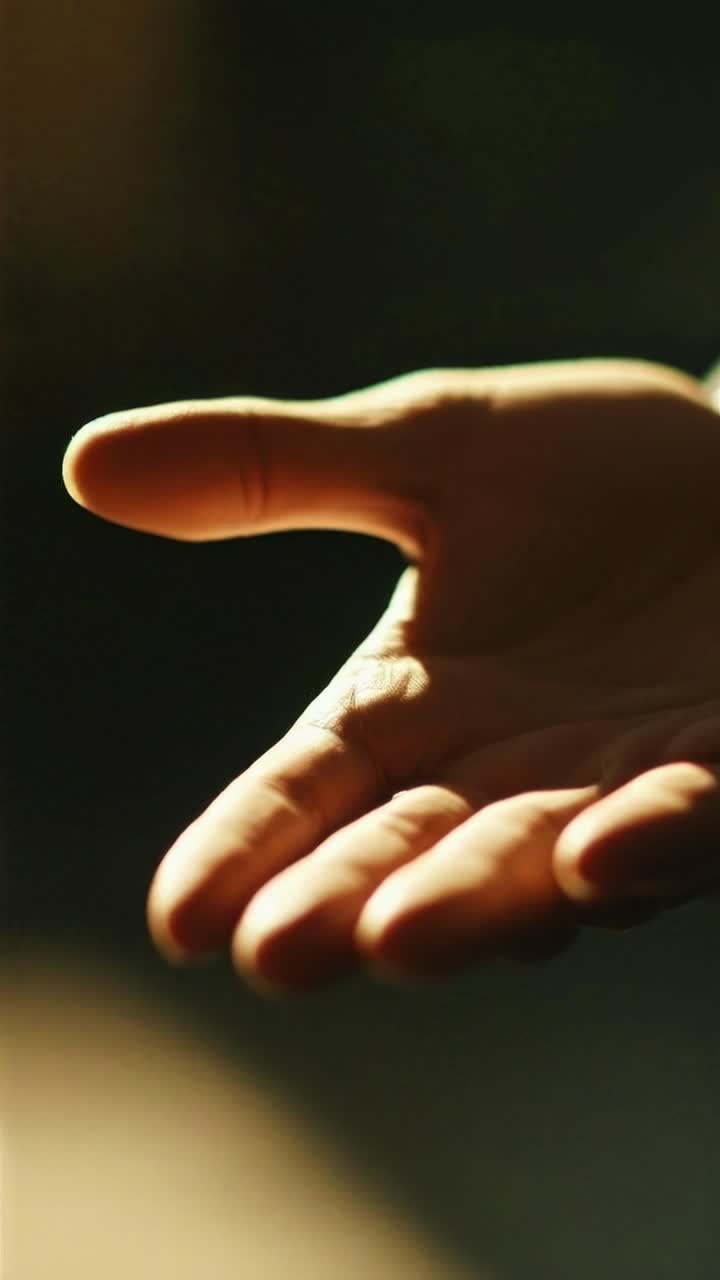 Primo piano di una mano aperta in una luce calda e drammatica