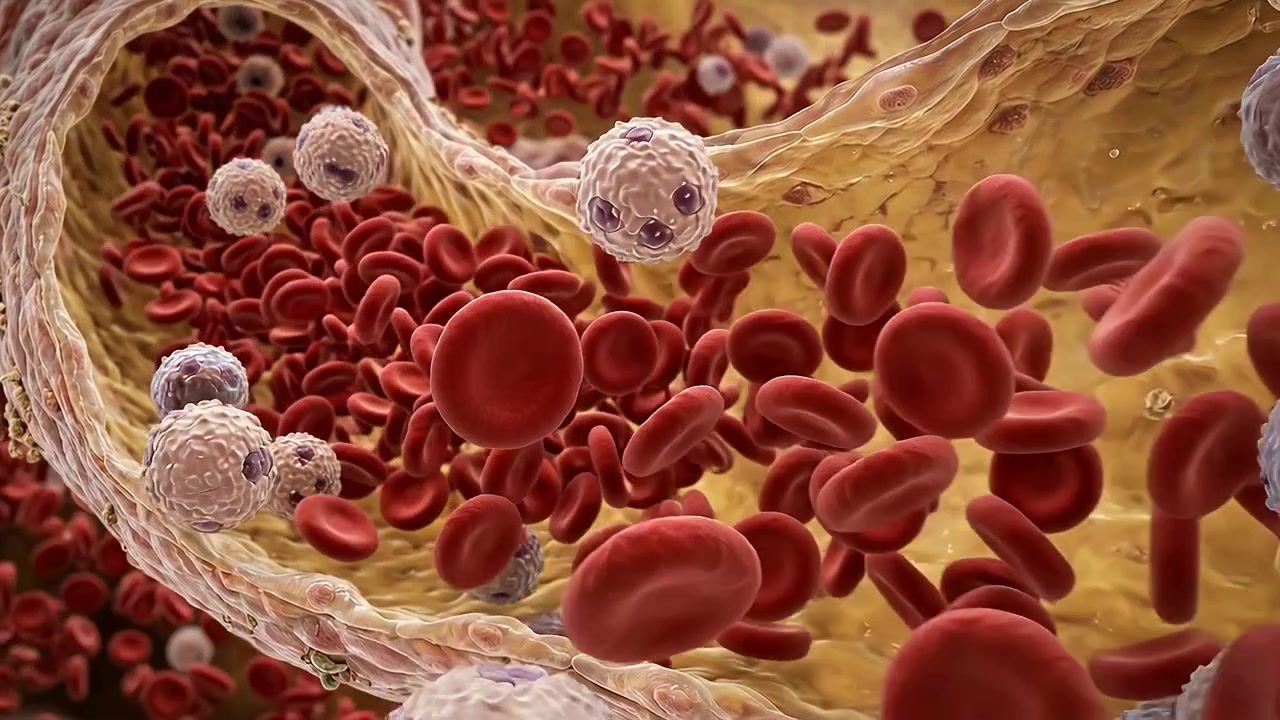 Red and White Blood Cells Flowing Through a Human Artery