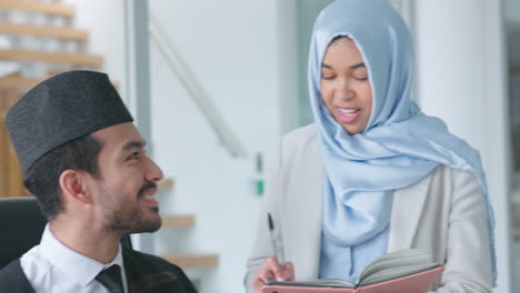 muslim lawyer man, woman and writing for notes