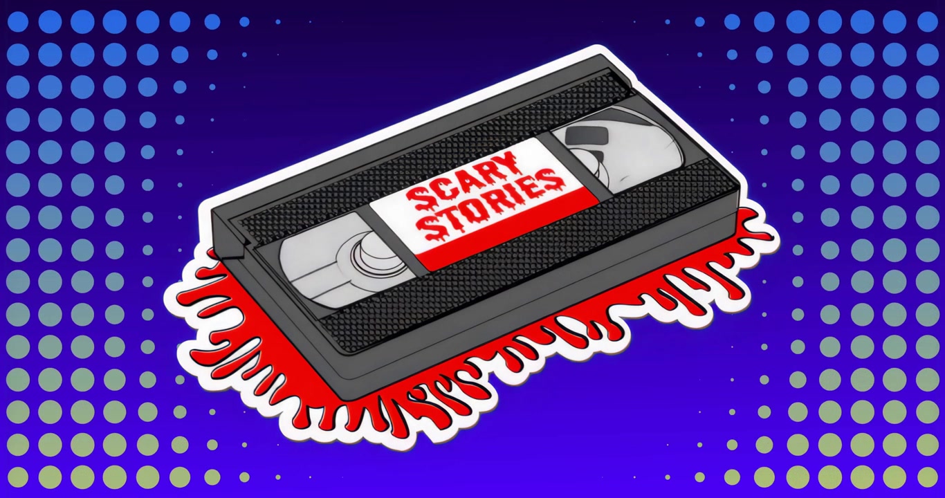 Ved start av en loopende "Scary Stories" VHS-kassett med spinnende spoler, vippende sølepytt og pulserende stjerner som glitrer.