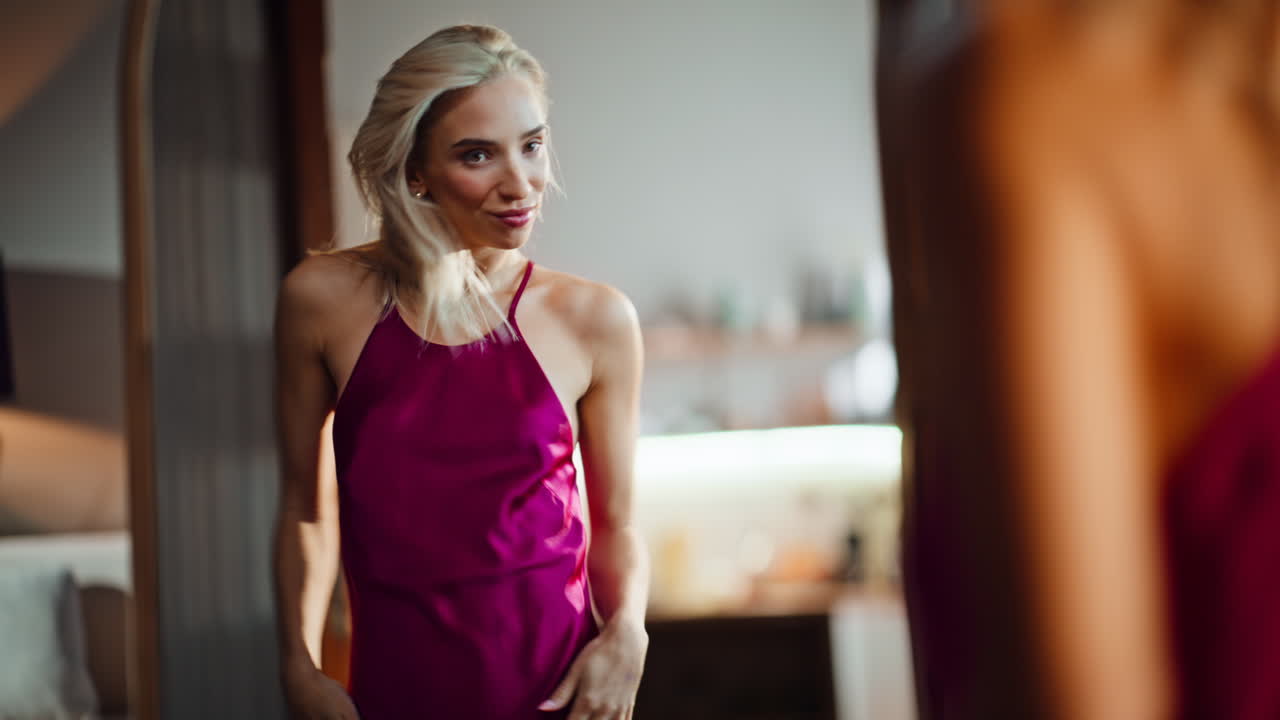Woman reflection trying dress sunny room closeup. Girl admiring elegant outfit