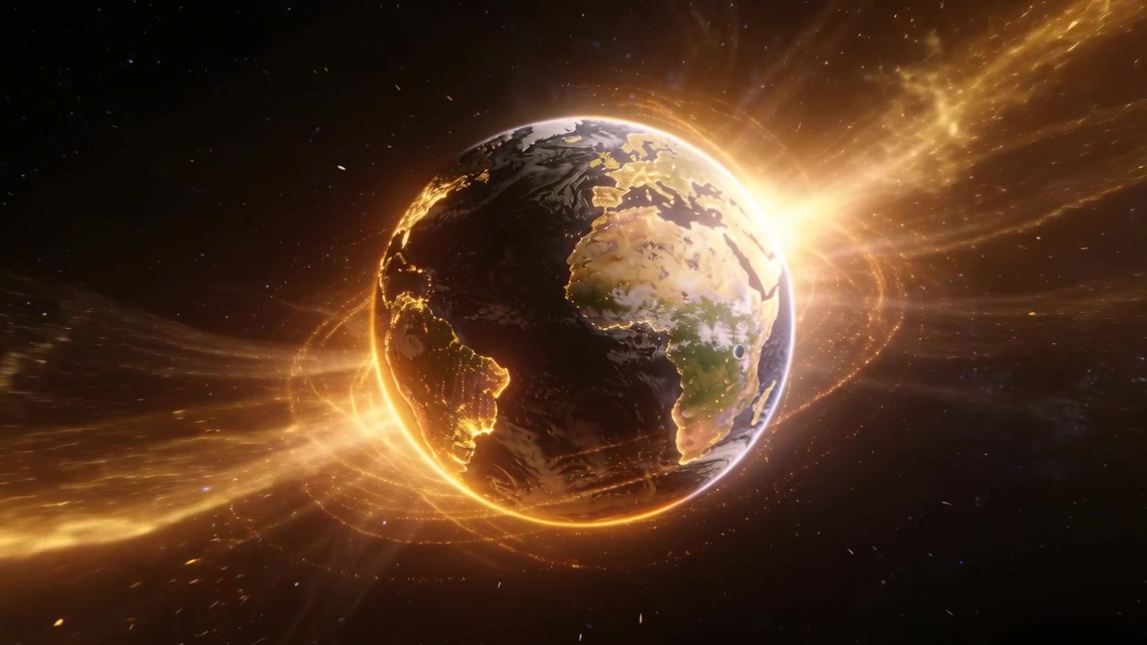Aureola dorata scintillante che cresce e invia plasma attorno a un globo CGI simile alla Terra nello spazio, formando una corona.