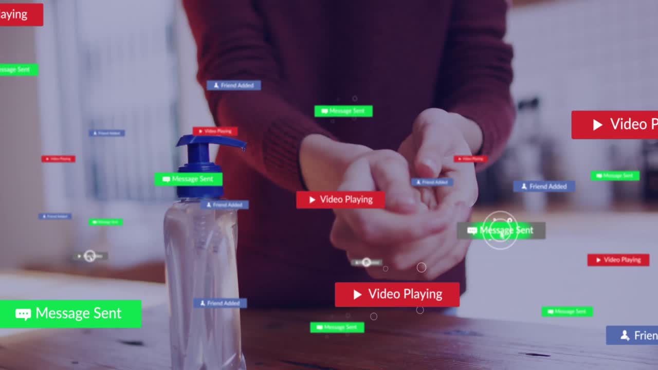 백인 여성이 손을 소독하는 미디어 아이콘의 애니메이션