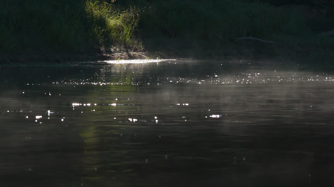 The first rays of sunlight hit the river, creating morning mist on the slowly flowing water