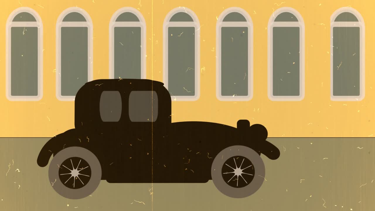 Drawn animated retro car driving around the city