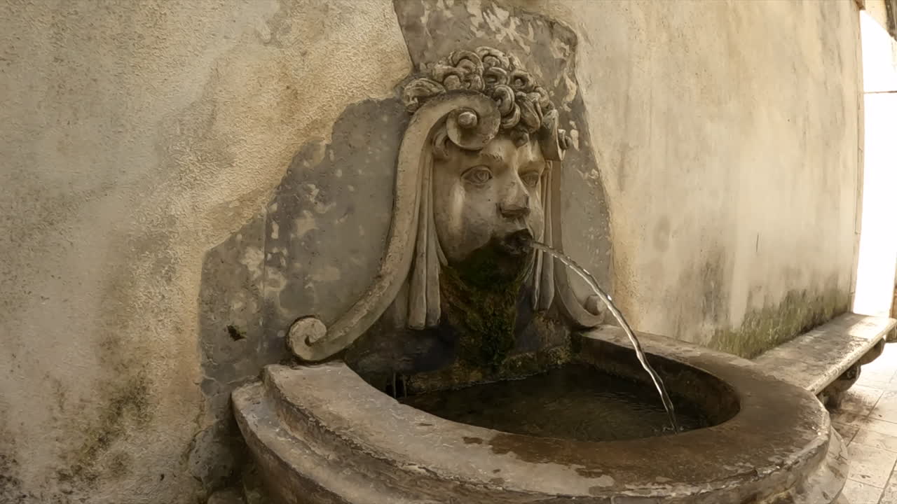 L'acqua sgorga da una fontana in pietra con maschera di leone ornata a Tivoli, Roma. Architettura classica del Rinascimento italiano con muro in pietra invecchiata e lussureggiante sfondo di giardino.