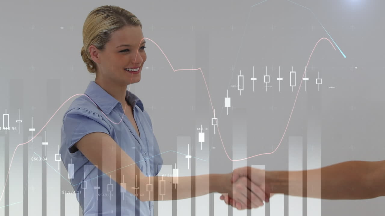 animación del procesamiento de datos financieros sobre empresarios caucásicos que se dan la mano