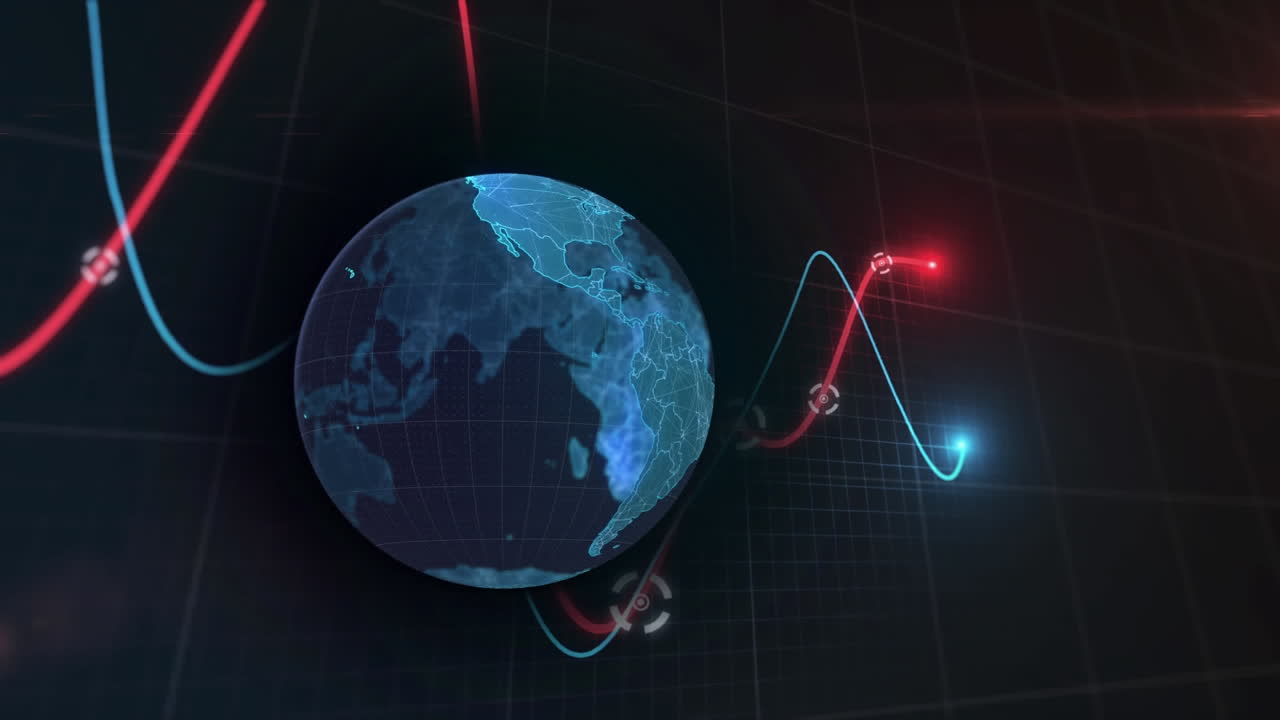 animación de líneas con procesamiento de datos financieros sobre el globo y la cuadrícula