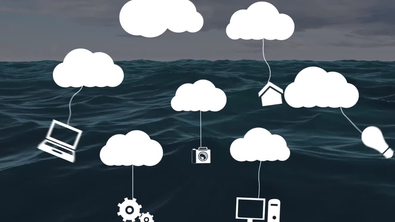 animación de nubes digitales con iconos sobre paisajes marinos