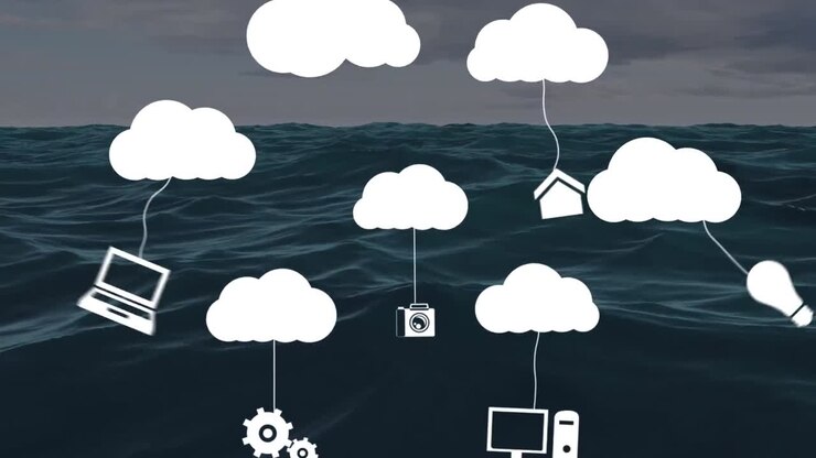 Animation of digital clouds with icons over seascape