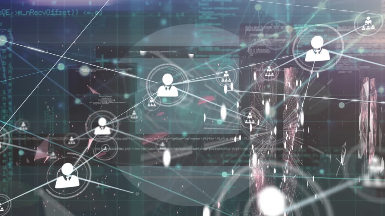 animación de iconos conectados, globo y lenguaje de programación contra un fondo abstracto