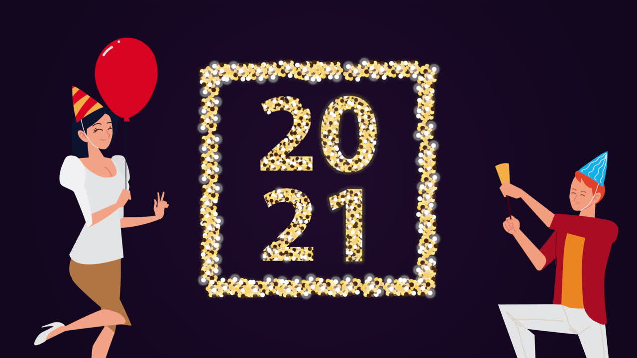 feliz año nuevo 2021 celebración con números de oro y pareja celebrando