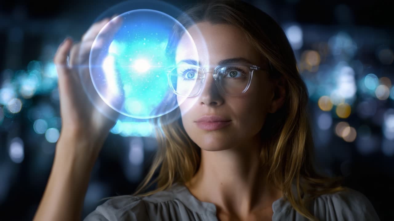 Una donna concentrata che indossa occhiali interagisce con un'interfaccia olografica, dimostrando in modo brillante il suo fascino per la tecnologia e il mondo digitale che la circonda.