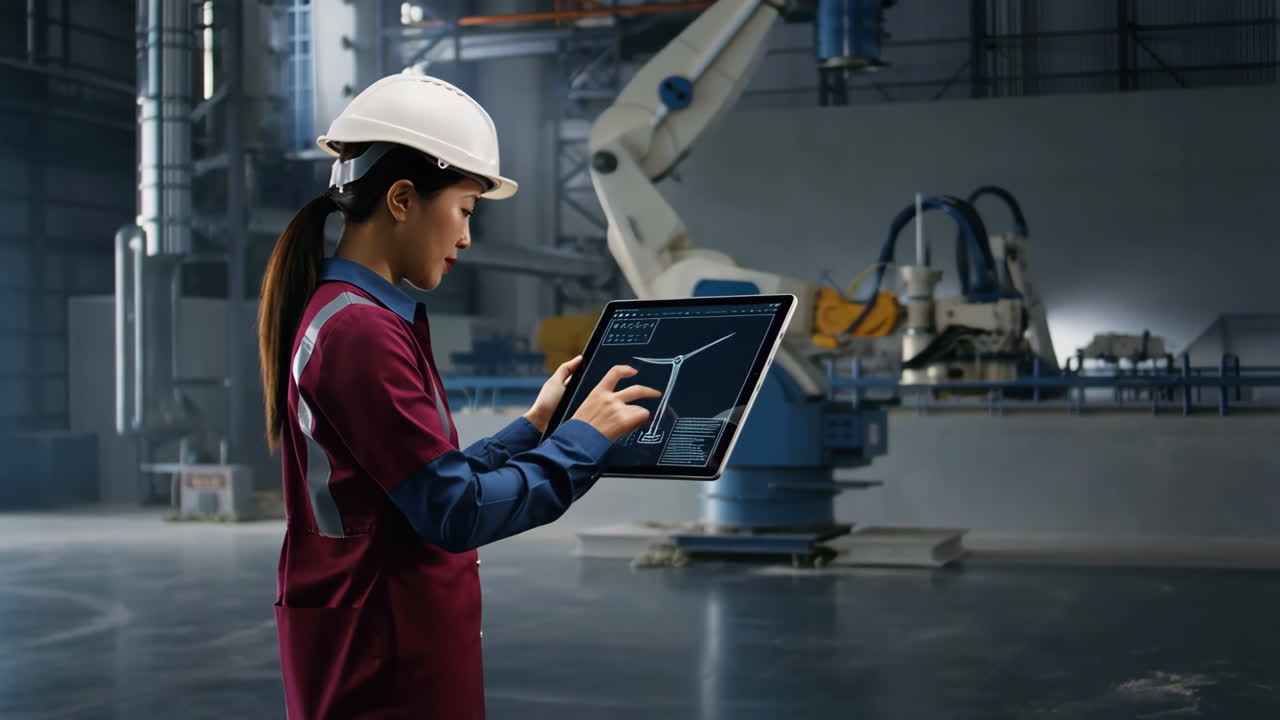Female Engineer Using Tablet to Design Wind Turbine in Industrial Factory