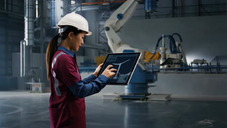 female engineer using tablet to design wind turbine in industrial factory