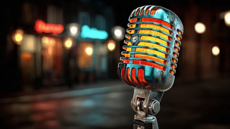 Primo piano di un microfono vintage su uno sfondo urbano scarsamente illuminato che cattura l'essenza di una performance dal vivo e della cultura musicale in un ambiente artistico
