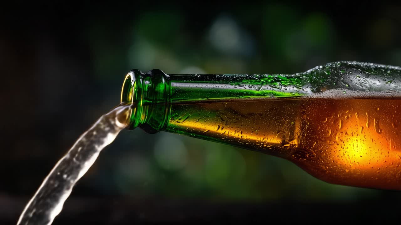 Cascata frizzante di bevanda rinfrescante che zampilla da una bottiglia di vetro verde con liquido dorato, catturando l'essenza della freschezza in una scena mozzafiato.