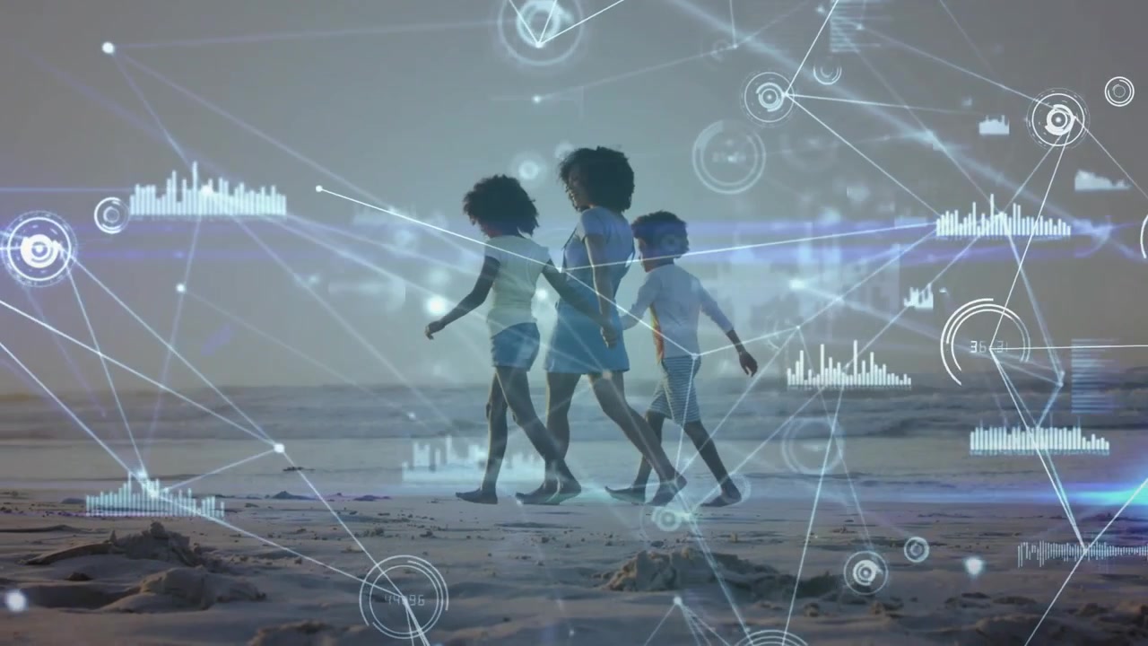 Vertical video: Walking mother and two kids pacing shoreline with prints while HUD graphics growing