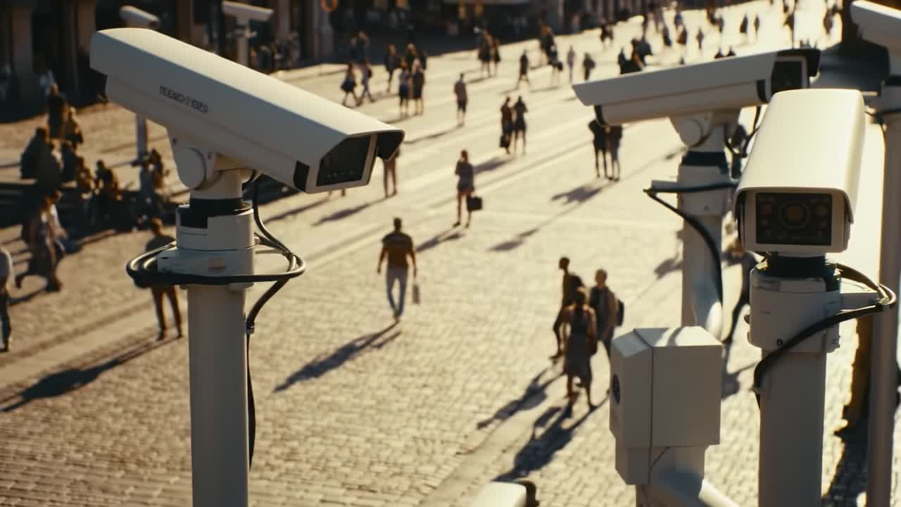 Surveillance Cameras Overlooking a Bustling Pedestrian Plaza, Capturing the Flow of Crowds and Daily Life in an Urban Environment