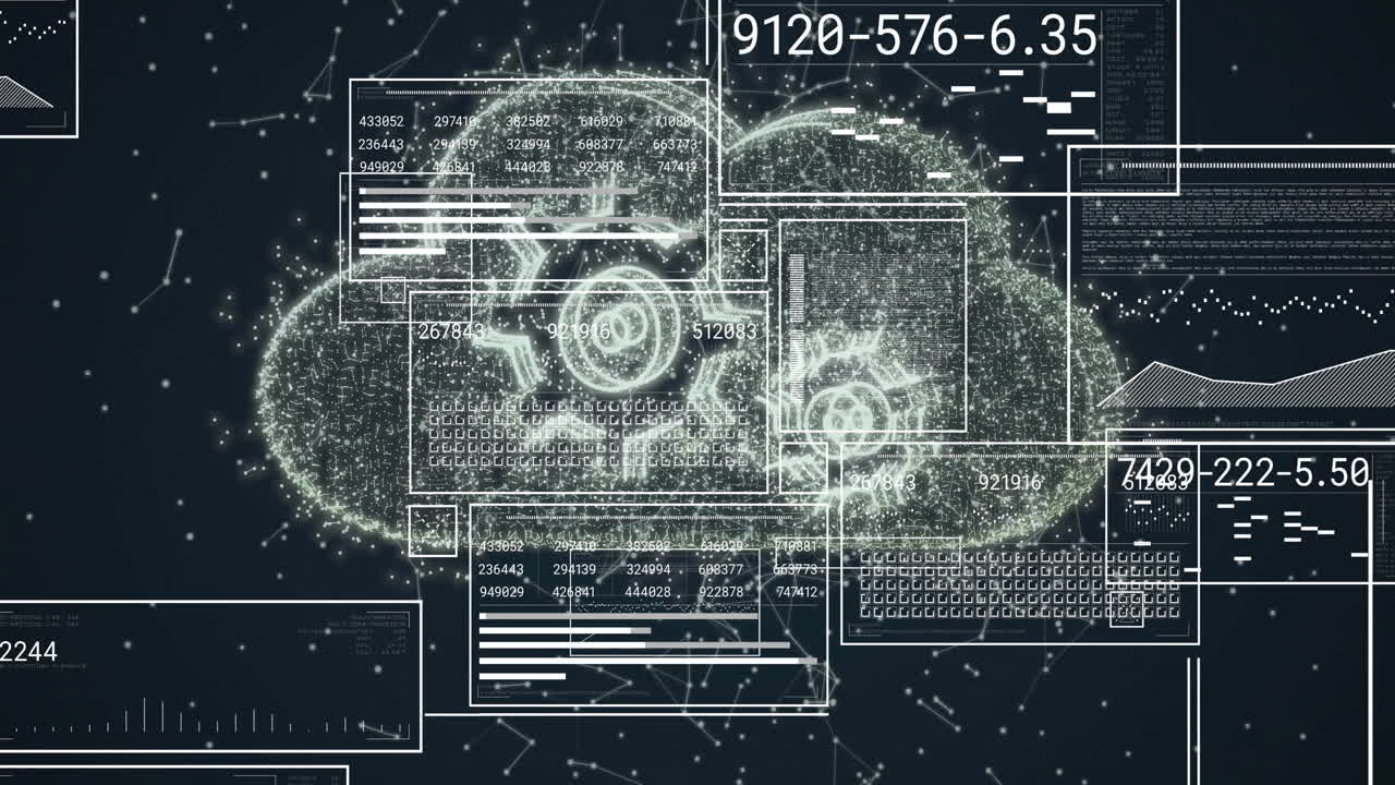 Animation of digital data processing over cloud with cogs on dark background