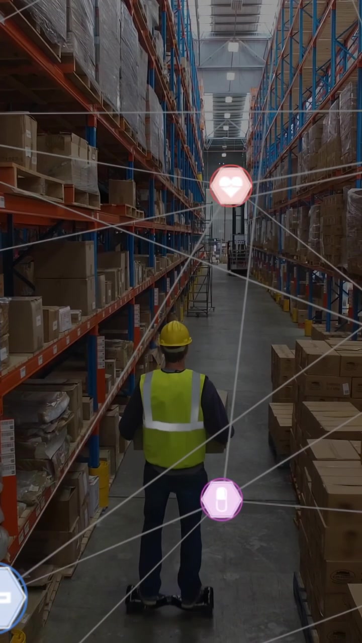 Video verticale: Un professionista della logistica avvia uno scooter, percorre un corridoio mentre dei nodi si raggruppano guidandolo verso un camion.