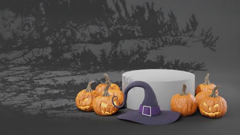 Halloween-Verkauf,-Oktober-Verkäufe,-Banner,-Hintergrund,-Gruselige-Darstellung,-Geschnitzte-Kürbisse,-Oktoberfeiertag,-Halloween-Rabatt,-Hexenhut,-Alewife-Hut,-Dekoration,-3D-Rendering,-3D-Animation,-Marketing,-4k