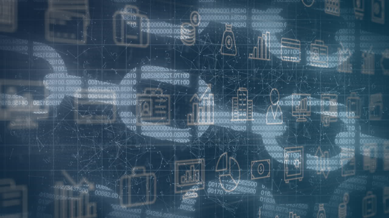 animación de iconos de negocios sobre el procesamiento de datos en fondo negro.