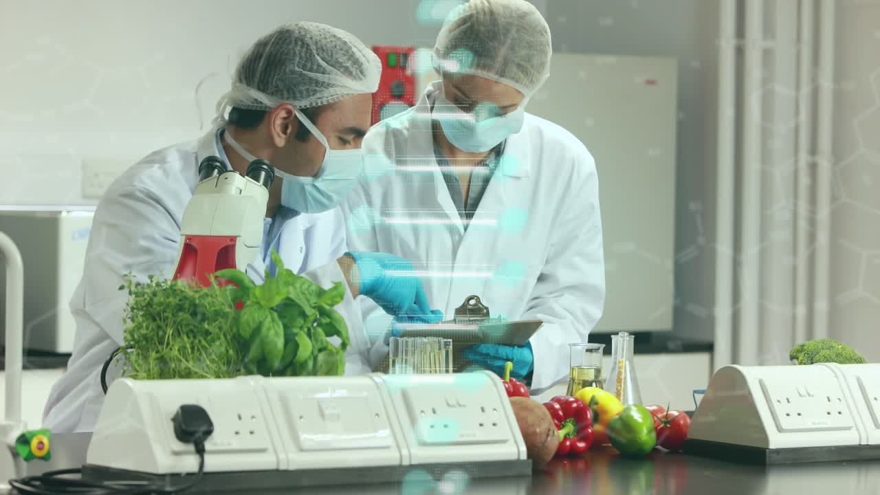 Animazione di DNA ed elaborazione di dati scientifici su diversi scienziati in laboratorio