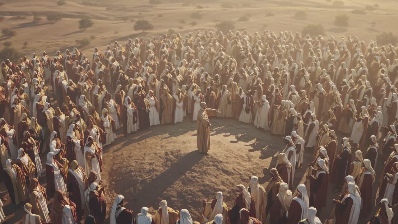 A large group of people in robes gather in a circle in a desert setting, with one person standing