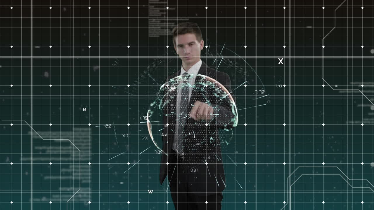 анимация обработки данных над кавказским бизнесменом