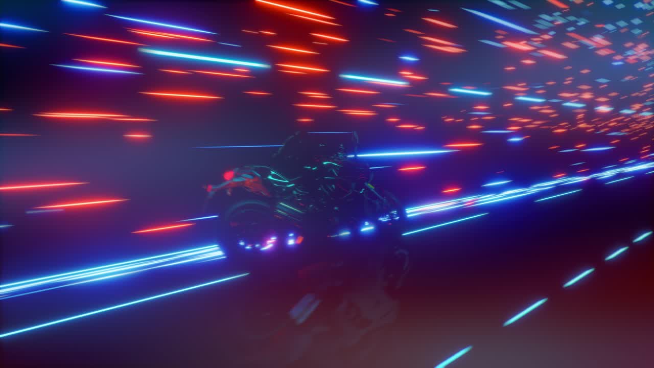 Motorcykel kører hurtigt gennem en futuristisk neontunnel
