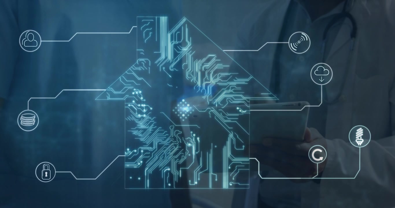 Animation of computer circuit board home and connections over caucasian male doctor
